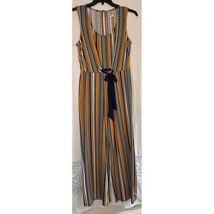 Wrapper Women's Striped Sleeveless Jumpsuit Navy Mustard Wide Leg Size Large‎
